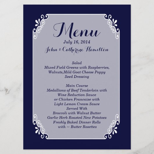 Chique marine blauw en wit aangepaste bruiloft Men Menu (Voorkant)