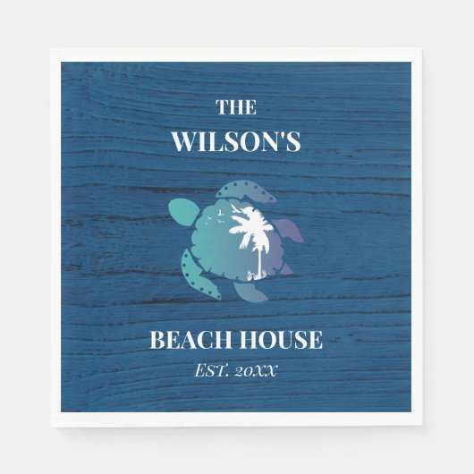 Chique marine blauw hout schildpad familie strand  servet (Voorkant)