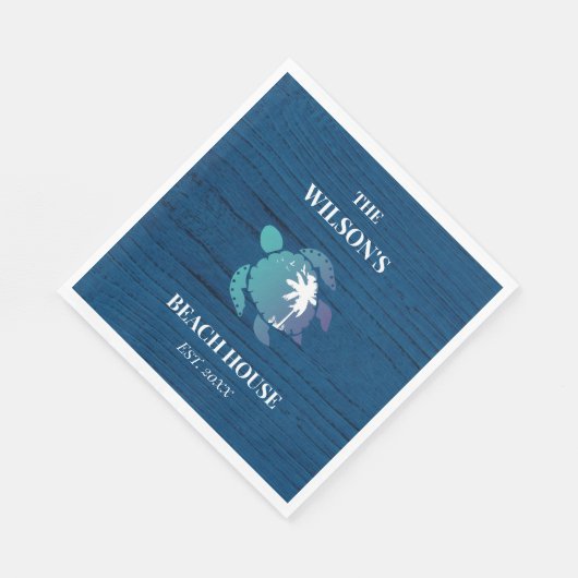 Chique marine blauw hout schildpad familie strand  servet (Hoek)
