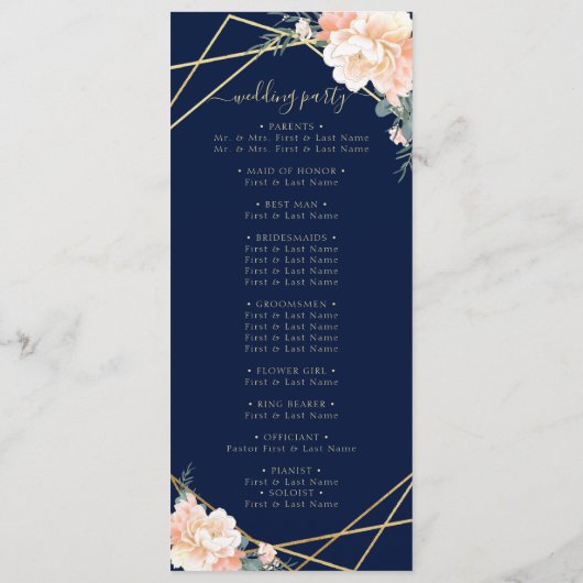 Chique marine blauw perzik crème goud geometrische programmakaart (Achterkant)