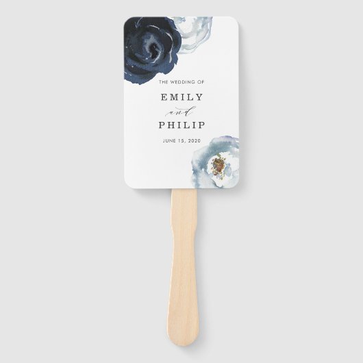 Chique marine blauwe pioen bloemenbruiloft program handwaaier (Voorkant)