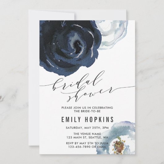 Chique marine blauwe pioen bruids douche uitnodigi kaart (Voorkant)
