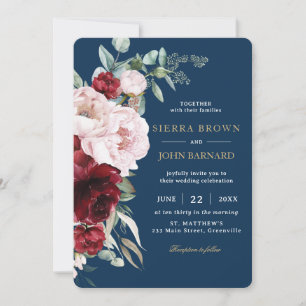 Chique marine Bourgondië Blush Pioenen Bloemen Bru Kaart