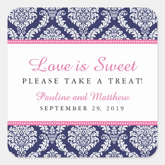 Chique marine & roze damast bruiloft vierkante sticker (Voorkant)