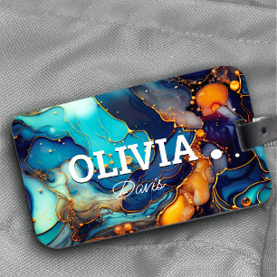 Chique marineblauw aqua oranje marmer nep glinster bagagelabel