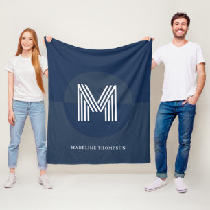 Chique marineblauw geometrisch modern monogram fleece deken