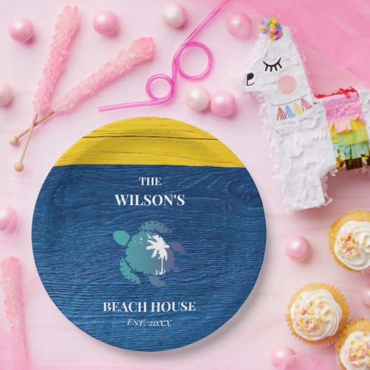 Chique marineblauw hout Zee schildpad familie stra Papieren Bordje (Feest)