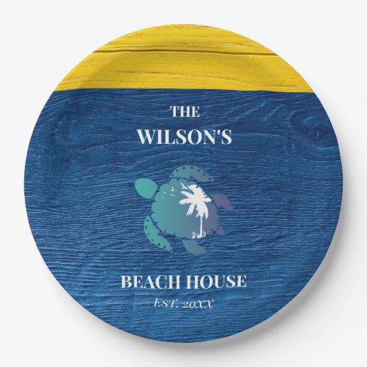 Chique marineblauw hout Zee schildpad familie stra Papieren Bordje (Voorkant)