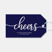 Chique marineblauw kalligrafie proost wijnfles Lab Cadeaulabel (Voorkant (Horizontaal))