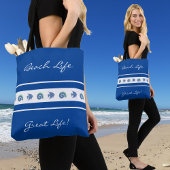 Chique marineblauw witte strepen vis shell strand  tote bag