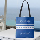 Chique marineblauw witte strepen vis shell strand  tote bag
