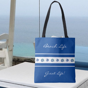 Chique marineblauw witte strepen vis shell strand tote bag