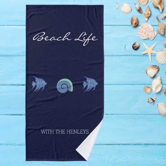 Chique marineblauw Zee Life familienaam strand hui Bad Handdoek