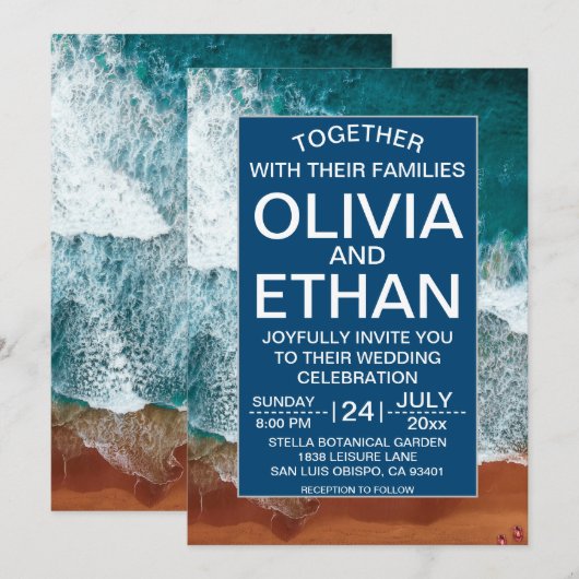 Chique marineblauwe kust-huwelijksuitnodiging kaart (Voorkant / Achterkant)