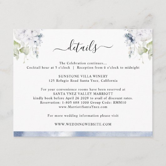 Chique marineblauwe Waterverf, bloemenbruiloft Det Informatiekaartje (Voorkant)