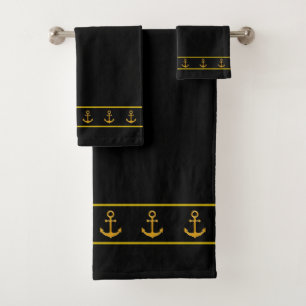Chique maritiem, elegant, gouden ankers op zwart bad handdoek