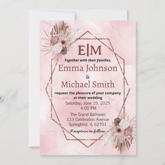 Chique marmer en bloemen uitnodigt kaart (Voorkant)