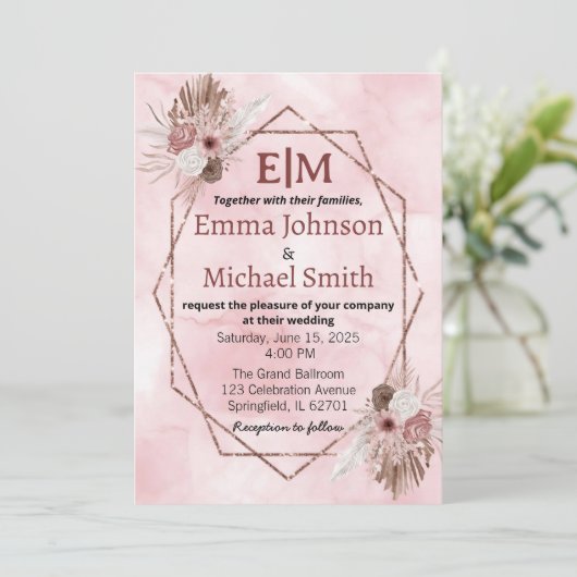 Chique marmer en bloemen uitnodigt kaart (Staand voorkant)