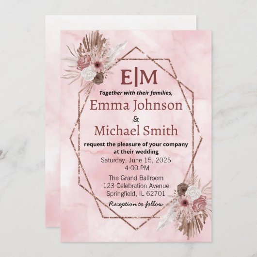 Chique marmer en bloemen uitnodigt kaart (Voorkant / Achterkant)