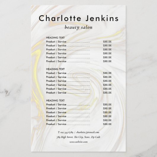 Chique Marmeren Minimalistische Salon Service Menu (Voorkant)