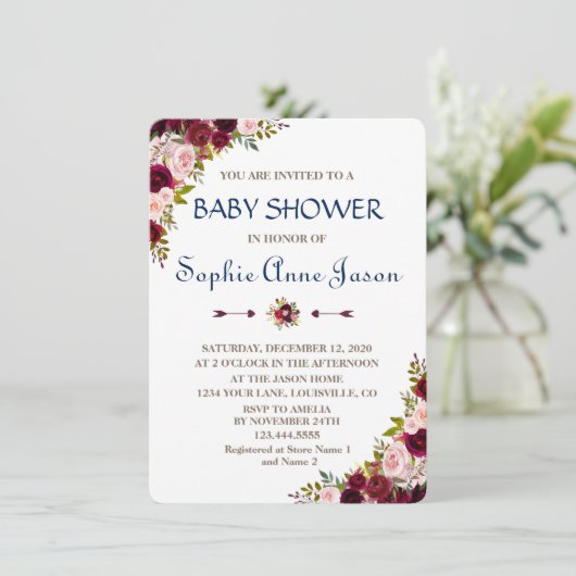 Chique Marsala Bloemrijke Herfst Navy Blauwe Baby  Kaart (Staand voorkant)