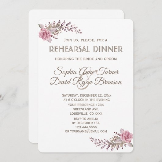 Chique Marsala Rode Bloemendiner Oefenavondmaal Kaart (Voorkant / Achterkant)