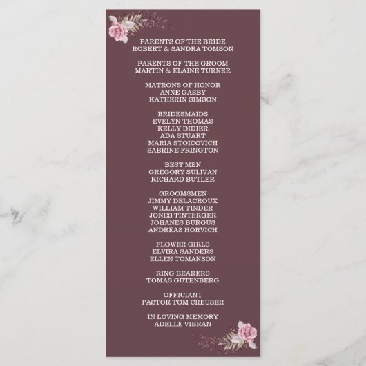 Chique Marsala Rode Bloemige Waterverf Huwelijkspr Programmakaart (Achterkant)