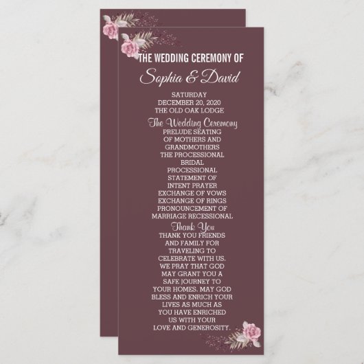 Chique Marsala Rode Bloemige Waterverf Huwelijkspr Programmakaart (Voorkant / Achterkant)