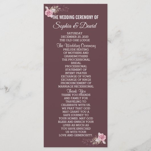 Chique Marsala Rode Bloemige Waterverf Huwelijkspr Programmakaart (Voorkant)