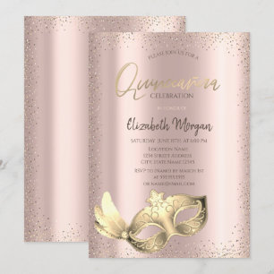 Chique Masker, Confetti Roze Goud Quinceañera Kaart