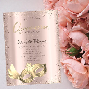 Chique Masker, Confetti Roze Goud Quinceañera Kaart