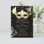 Chique Masque Diamonds Zwart Rozen Sweet 16 Kaart (Staand voorkant)