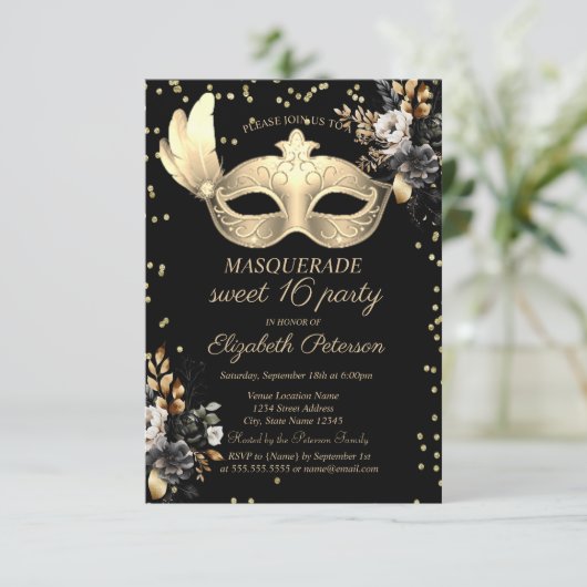 Chique Masque Diamonds Zwart Rozen Sweet 16 Kaart (Staand voorkant)