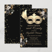 Chique Masque Diamonds Zwart Rozen Sweet 16 Kaart (Voorkant / Achterkant)