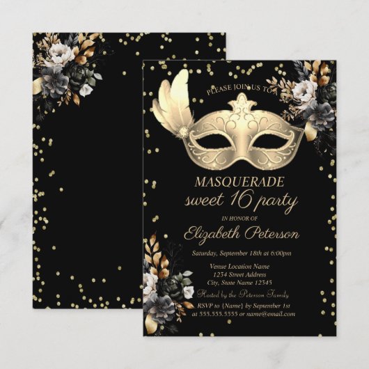 Chique Masque Diamonds Zwart Rozen Sweet 16 Kaart (Voorkant / Achterkant)