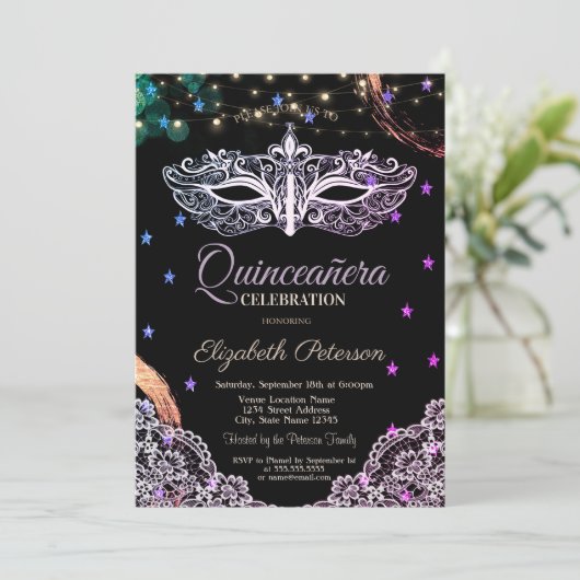 Chique Masque, String Lights, Kant, Sterren Quince Kaart (Staand voorkant)