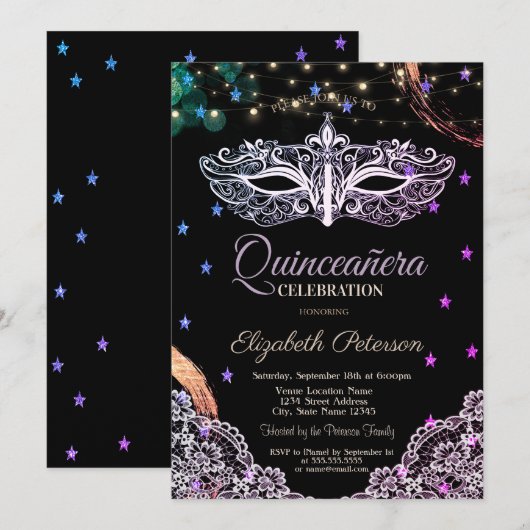 Chique Masque, String Lights, Kant, Sterren Quince Kaart (Voorkant / Achterkant)