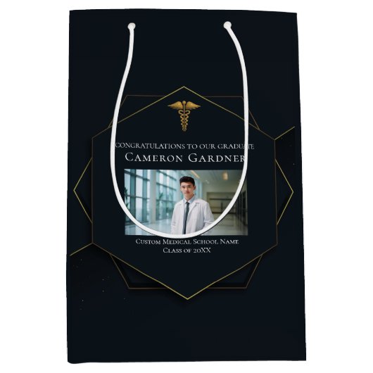 Chique Medische School Foto Afstuderen Zwart Goud Medium Cadeauzakje (Voorkant)
