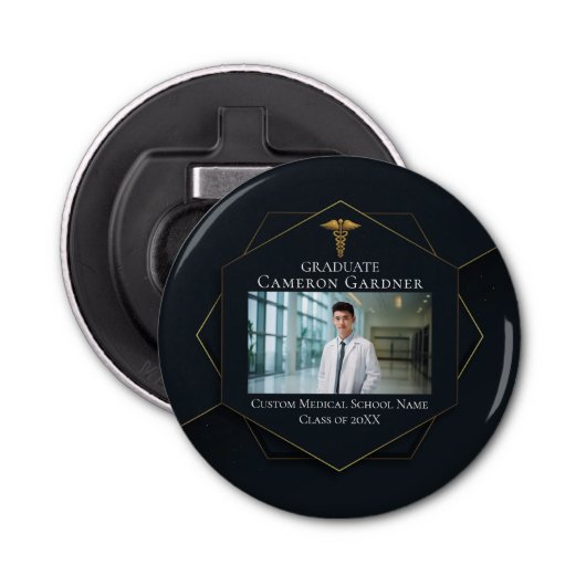 Chique Medische School Foto Zwart Afstudeerfeest Button Flesopener (Voorkant)