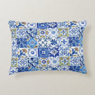 Chique mediterraan blauw, wit & geel patroon accent kussen