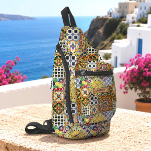 Chique mediterraan oranje geometrisch tegelmonogra sling bag
