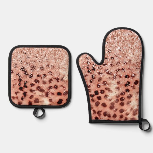 Chique Meisje Roos Goud Luipaard Glitter Liefde Ovenwant & Pannenlap Set (Voorkant)