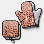 Chique  Meisje Roos Goud Luipaard Glitter Liefde Ovenwant & Pannenlap Set (Voorkant / Achterkant)