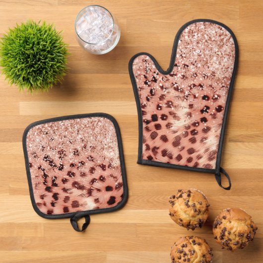 Chique  Meisje Roos Goud Luipaard Glitter Liefde Ovenwant & Pannenlap Set (Top down)