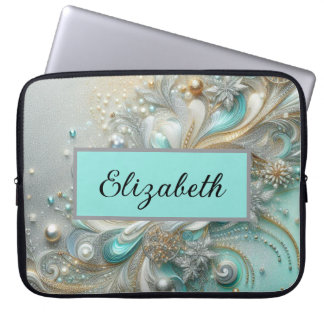 Chique meisjesachtige glitters en naam teal zilver laptop sleeve