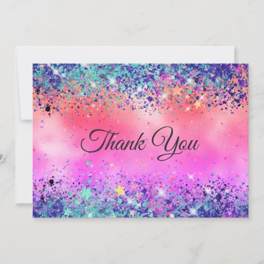 Chique meisjesachtige iriserende eenhoorn glitter bedankkaart (Voorkant)