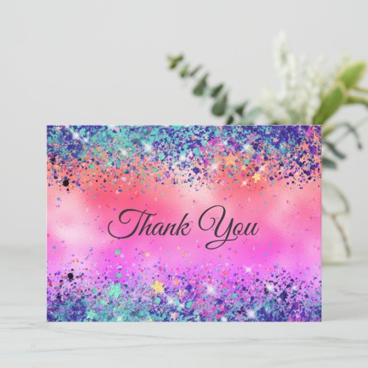 Chique meisjesachtige iriserende eenhoorn glitter  bedankkaart (Staand voorkant)