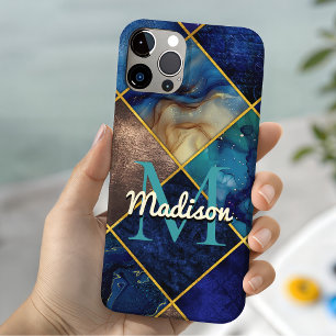 Chique meisjesachtige nep glitters goud blauwe geo iPhone 15 case