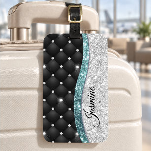 Chique meisjesachtige nepsil glitter zwart teal mo bagagelabel
