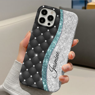 Chique meisjesachtige nepsil glitter zwart teal mo Case-Mate iPhone case